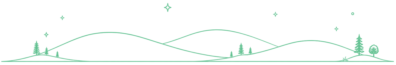Roaming Hills Illustration Minimal line-art illustration of rolling hills and small trees beneath a calm night sky with subtle stars, drawn in a single dark green outline on a light background.