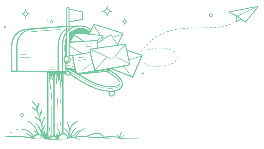 rhoam-mailing-list-illustration Minimal monochrome illustration of a countryside-style mailbox overflowing with letters, with a paper aeroplane flying away along a dotted path.